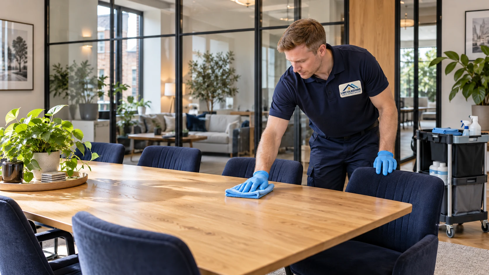 Illustrative professional in branded workwear cleaning an office meeting table