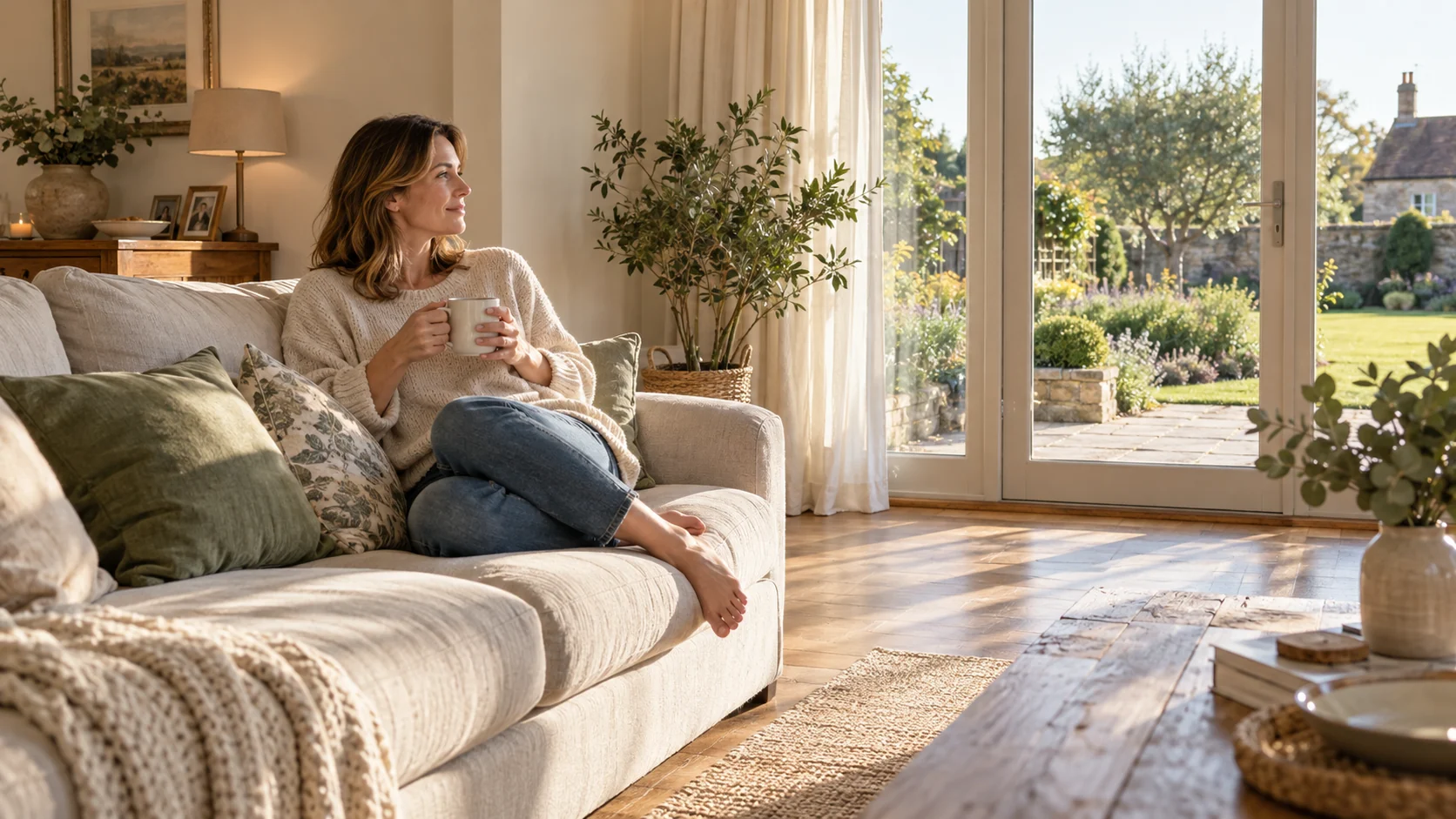 Illustrative resident enjoying a freshly cleaned sunlit living room