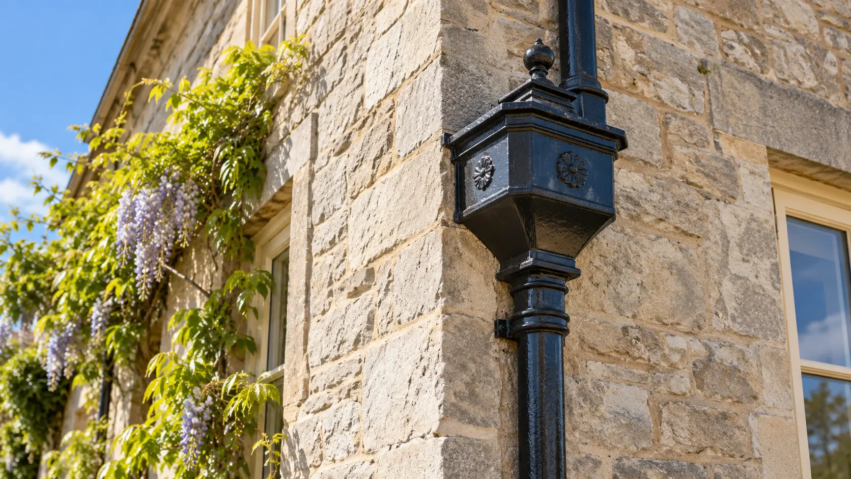 Illustrative traditional rainwater hopper on a stone house