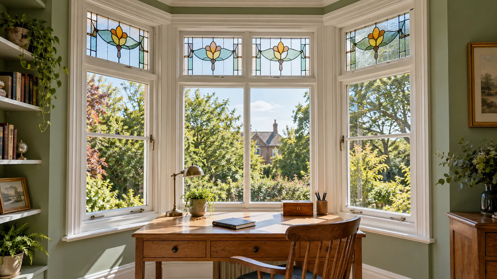 Illustrative clean Edwardian bay window in a bright study