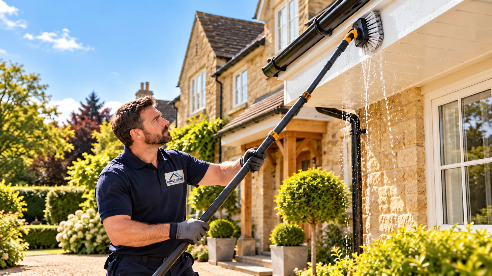 Illustrative ground-level cleaning of a fascia and roofline