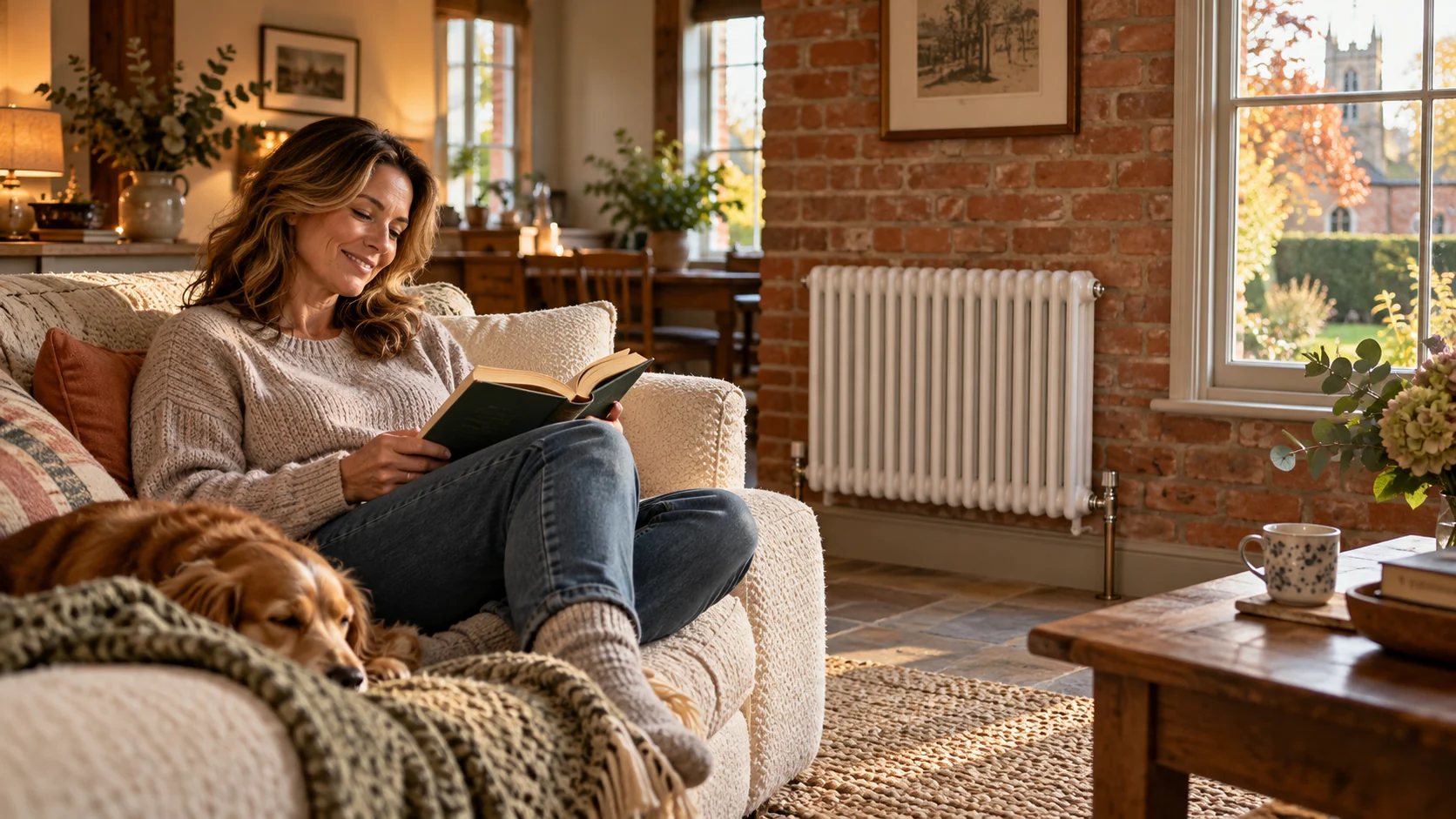 Illustrative woman relaxing with a book on a cream sofa in a warm home with a radiator