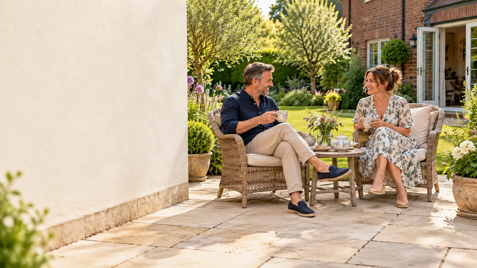 Illustrative homeowners relaxing on their patio
