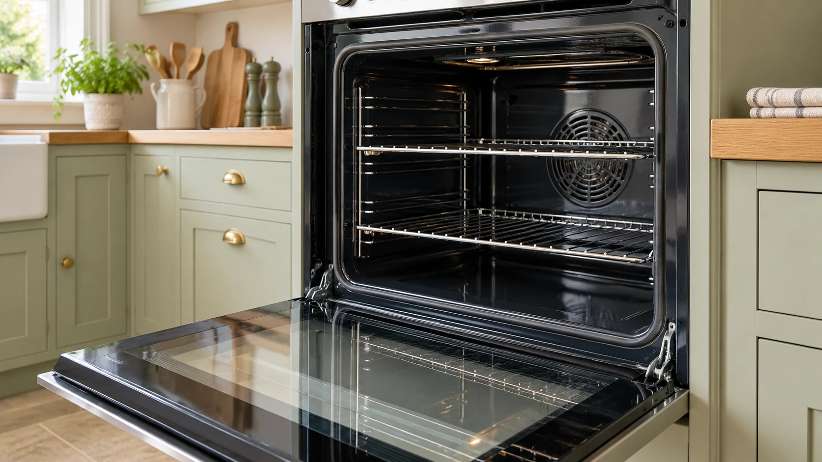 Illustrative clean oven interior with fitted racks and a clear glass door