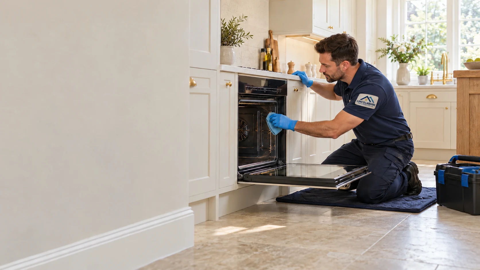 Illustrative professional cleaning the interior of a built-in oven